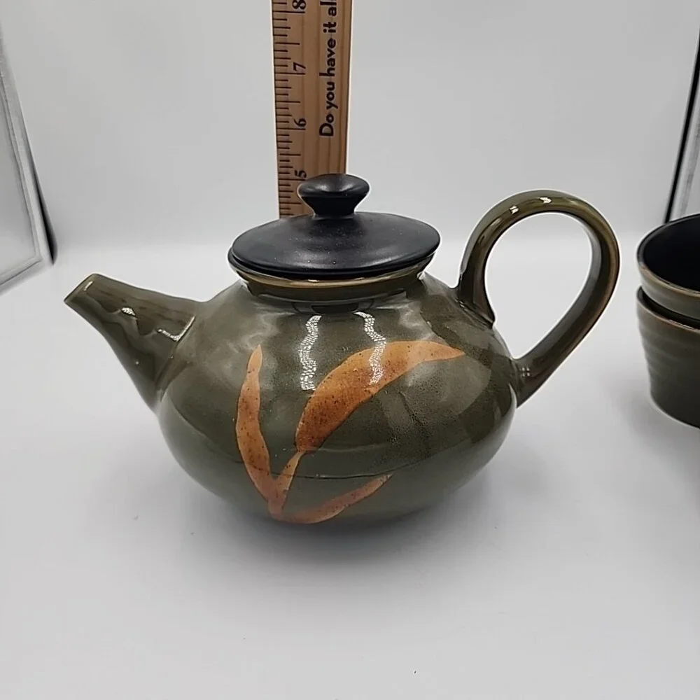 Pier 1 Dakara Hand-Painted Stoneware Tea pot Cups Set Of 4 Green Beige